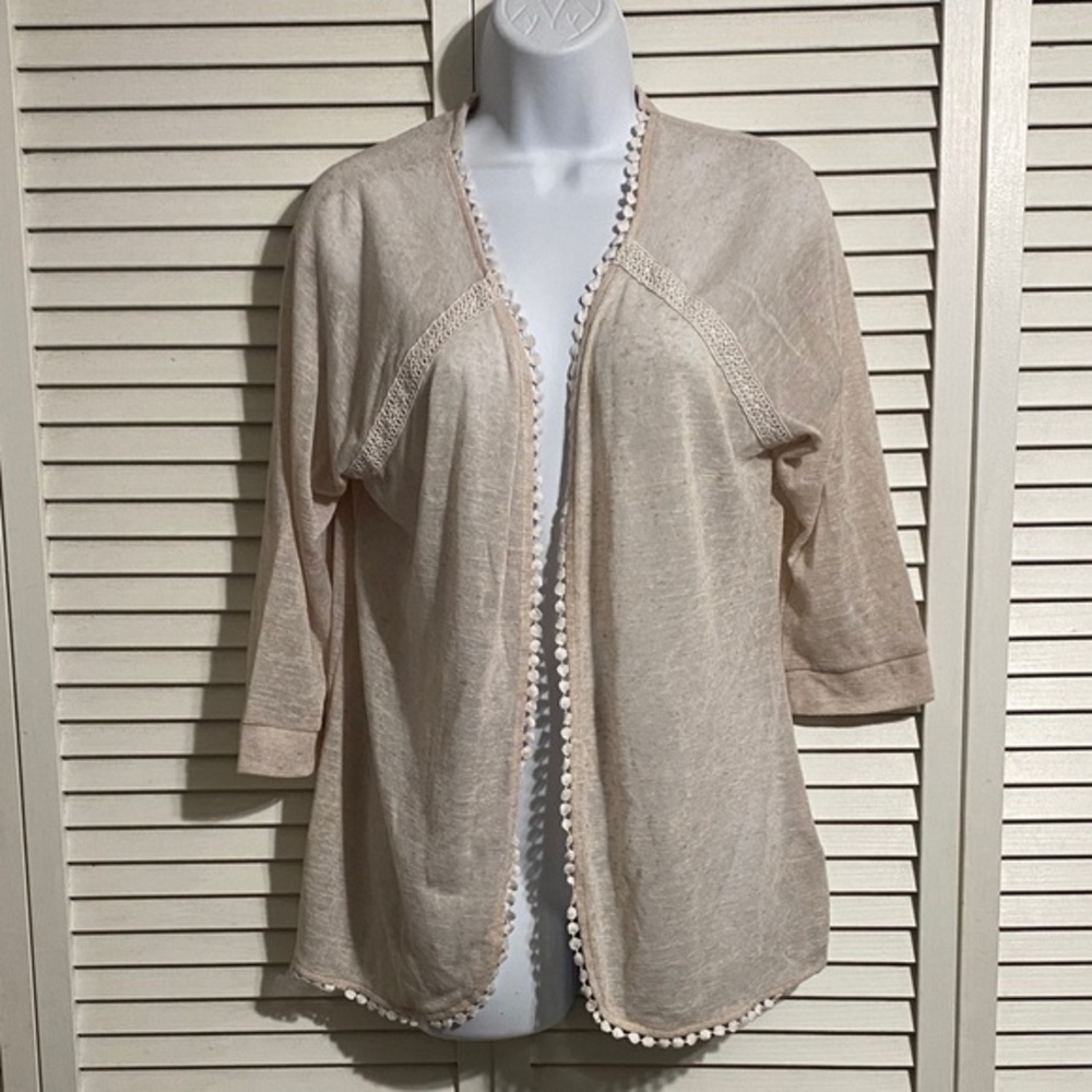 M&S Cream Open Front Cardigan with Pom Pom Trim